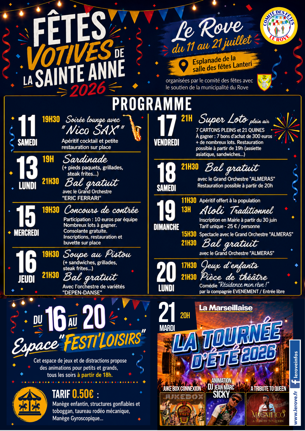 Programme des fêtes votives de la Sainte Anne au Rove du 11 au 21 juillet